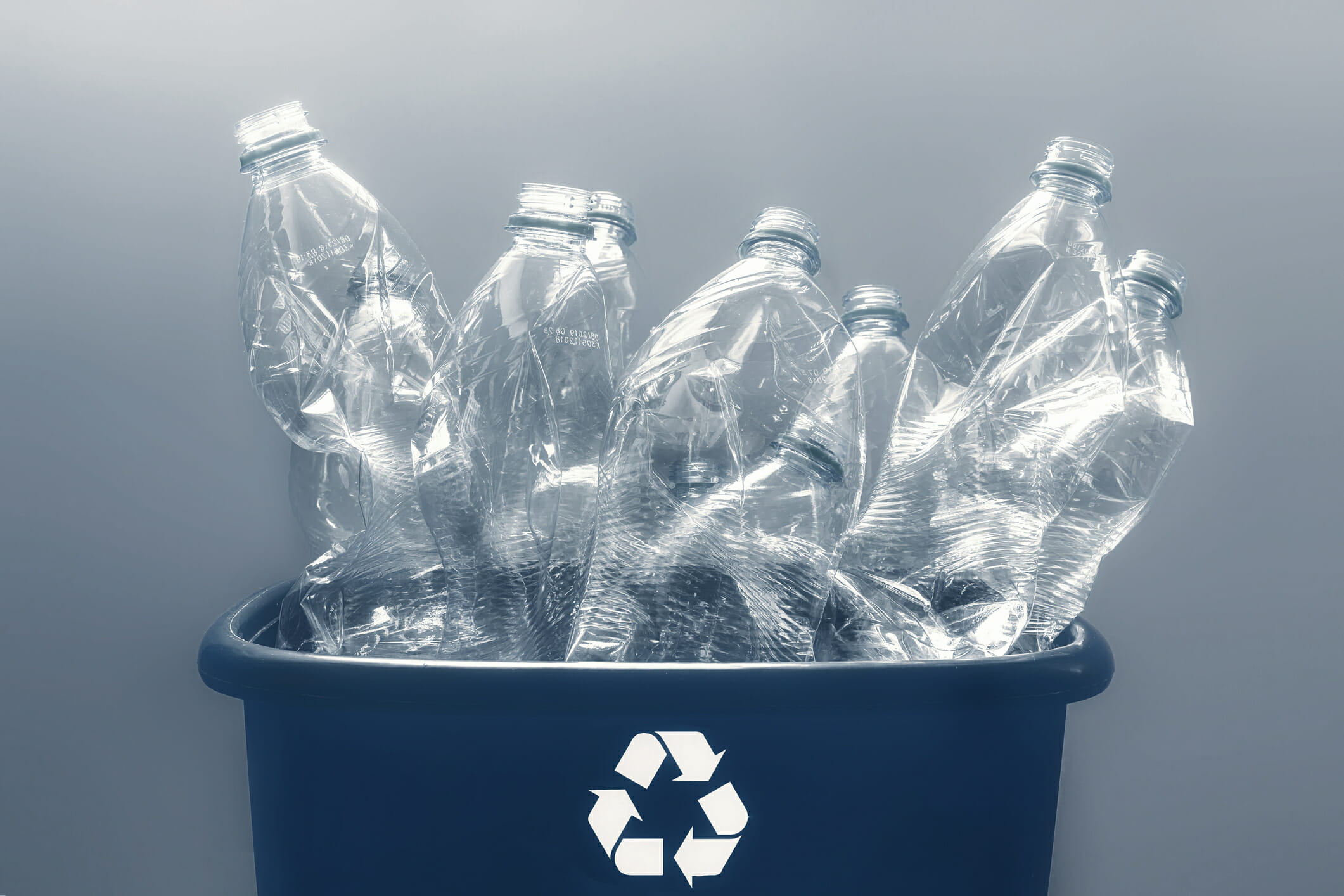 Plastic bottles in a blue recycling container box. Studio shot with natural lighting.
